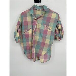 Vintage 80s Multicolor Plaid Dolman Sleeve Button up Shirt w/ Roll tabs Size M